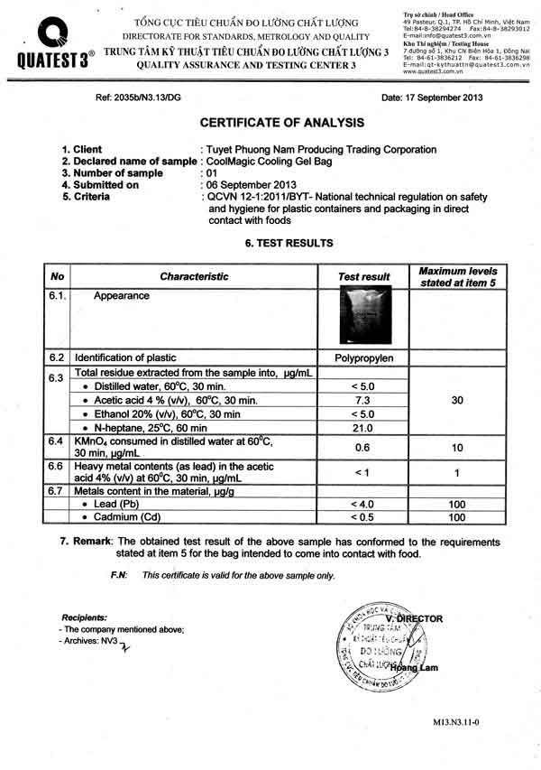 chứng nhận chất lượng đá gel CoolMagic an toàn thực phẩm